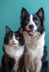 Fototapeta premium Adorable Border Collie and Majestic Black and White Cat Smiling Against a Vibrant Turquoise Background in a Studio Setting