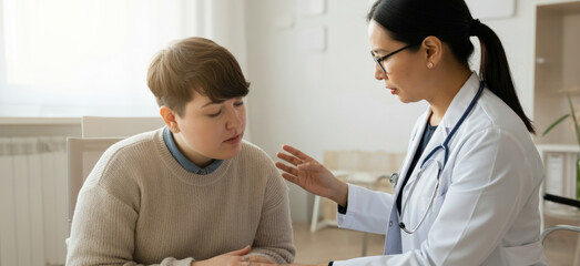 Obraz premium A woman doctor is talking to a young girl