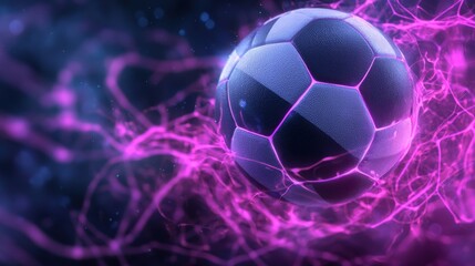 Fototapeta premium A dynamic and futuristic soccer ball in mid air impact surrounded by a neon glowing abstract and fractal like energy field This image conveys a sense of speed power and the future of the sport