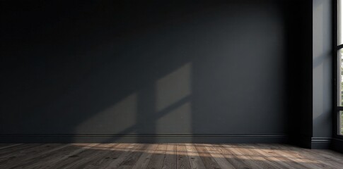 Moody black wall, dark wood floors, shadowy corners, elegant, gothic