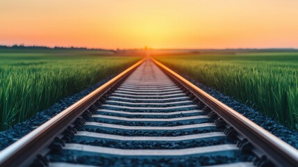 A breathtaking view of a railway track cutting through a serene rural landscape with the sun setting in the distance casting a warm golden glow over the horizon