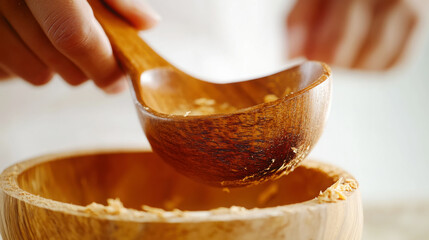 Close up of hand carving wooden spoon for artisan craftsmanship and woodworking design