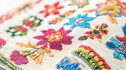 Close up of colorful folk embroidery with traditional patterns for textile design