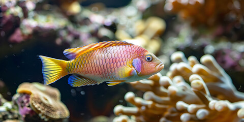 Vibrant Pink and Yellow Fish Swimming Among Colorful Coral in Clear Underwater Scene