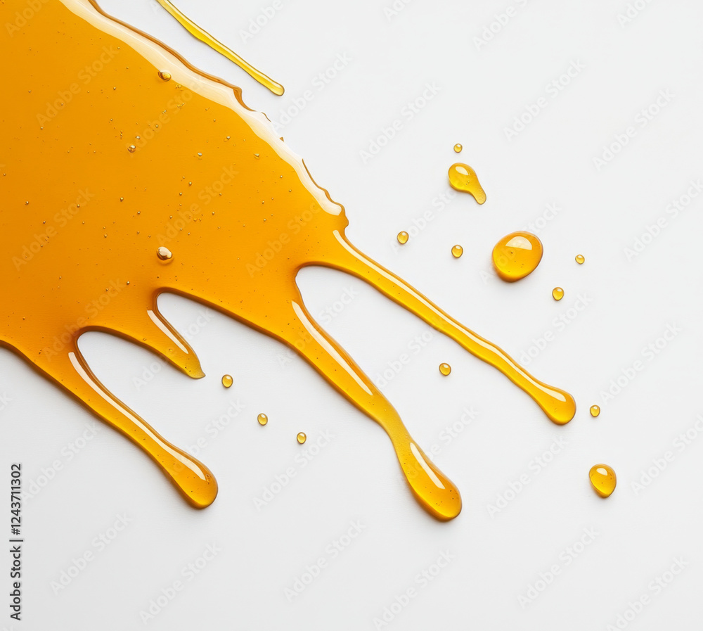 Poster Thick and golden honey flows and splashes across a smooth white surface, creating a delightful mess. The liquid glistens in the light, showcasing its rich texture and sweetness.