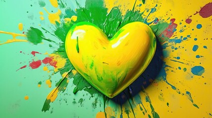 Vibrant yellow heart with paint splashes on colorful background for Valentine's Day. Ideal as wallpaper, symbol of love and creativity.