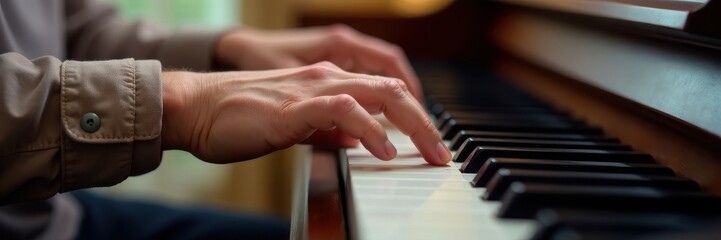 Older hands gently positioning younger hands on piano keys , art, care, development