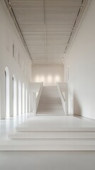 Fototapeta premium Spacious gallery room, linear staircase, pure white background, museum vibes