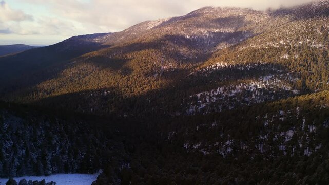 Aerial view of the mountains of Navacerrada in Castilla Leon during winter season