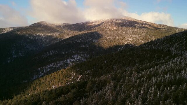 Aerial view of the snowy mountains of Navacerrada in Castilla de Leon and Madrid