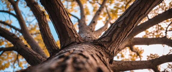 Low angle view of a textured tree trunk with irregular brown bark and blurred branches against a clear blue sky and autumn leaves