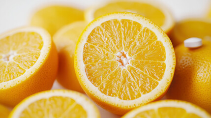 Fototapeta premium Fresh oranges and vitamin c tablet for healthy living and nutritional boost