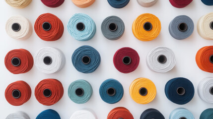 Colorful array of recycled yarn spools in neat arrangement for sustainable crafting