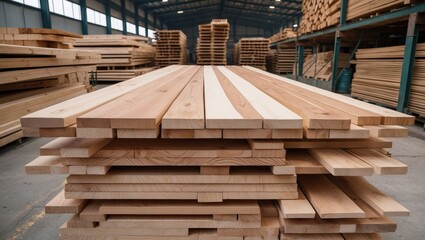 Stacks of neatly arranged wooden boards in a sawmill showcasing timber storage for construction and building materials.