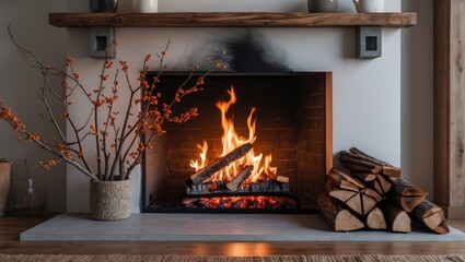 Cozy modern fireplace with burning logs and decorative branches creating a warm and inviting atmosphere in a stylish interior setting.