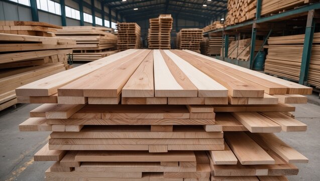 Stacks of neatly arranged wooden boards in a sawmill showcasing timber storage for construction and building materials. - Powered by Adobe