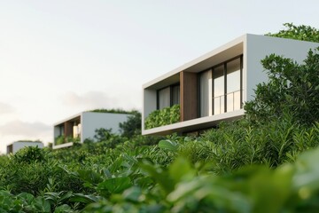 Modern, eco-friendly houses perched on a hillside, surrounded by lush greenery and designed with large windows for natural light.