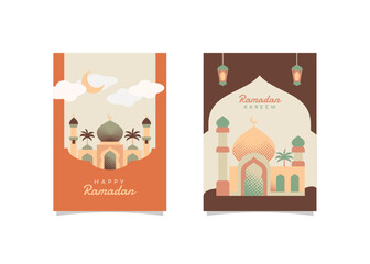 High-quality Islamic Ramadan Greeting Cards. Modular mosque illustration in halftone vector style. Perfect for celebrating Ramadan Kareem, Eid Mubarak, and Islamic festivals.