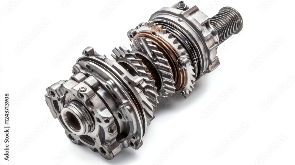 Poster a detailed mechanical component showcasing gears and shafts for machinery operation.