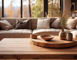 warm cozy living room with wooden table