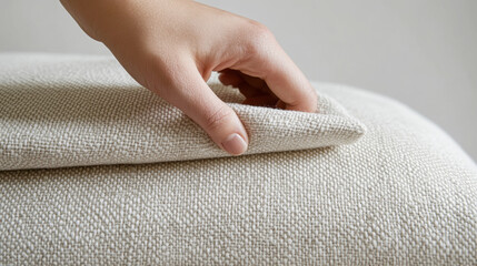 Close up of hand smoothing fabric over cushion for interior design