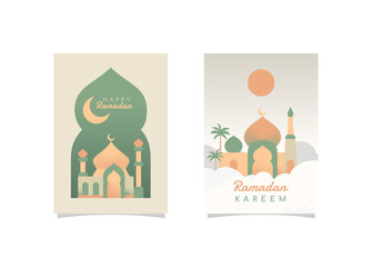 High-quality Islamic Ramadan Greeting Cards. Modular mosque illustration in halftone vector style. Perfect for celebrating Ramadan Kareem, Eid Mubarak, and Islamic festivals.