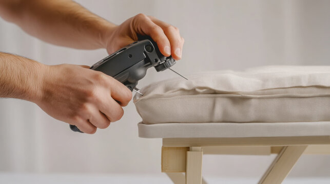 Hands using staple gun for upholstery attachment in close up view with precision and care