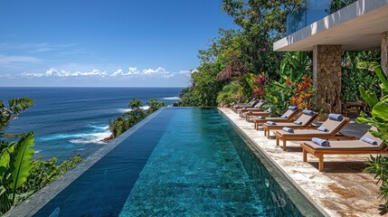Obraz premium Stunning oceanfront infinity pool at a luxury villa surrounded by lush greenery and vibrant flowers under a clear blue sky