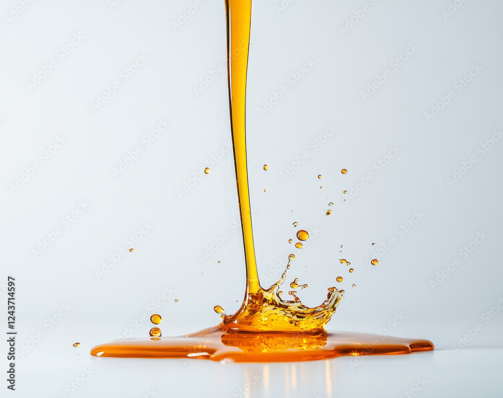 Poster Golden honey cascades in smooth streams, creating splashes as it touches the surface. The rich liquid forms beautiful patterns against a clean white backdrop, showcasing its natural allure.