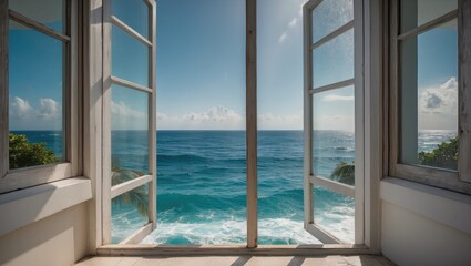 Ocean View Through Open Windows Framing Waves and Bright Sky in Serene Coastal Setting