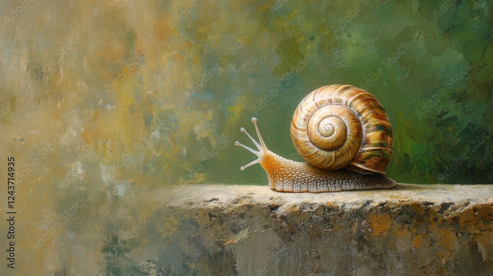 Poster A detailed snail resting on a textured surface with a soft, blurred background.