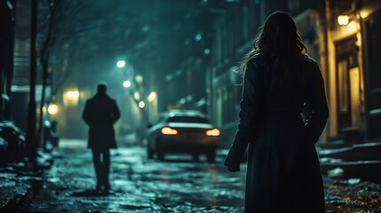 Woman walking away from man on dark city street at night