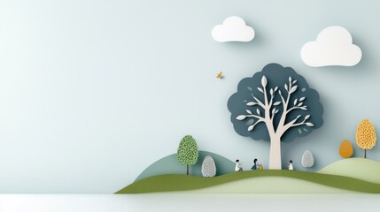 A serene and tranquil landscape with a giant thriving tree at the center surrounded by people tending to its growth and nurturing the natural environment  The scene conveys a sense of harmony balance