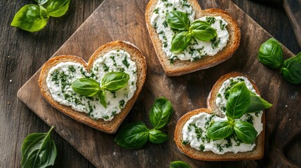 A charming top-view of heart-shaped sandwiches, decorated with basil leaves and cream cheese