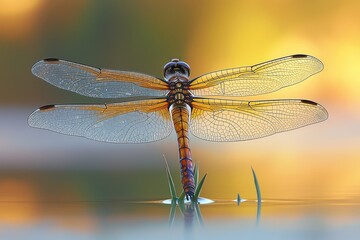 Dragonfly Wings Spread at Golden Hour Lakeside