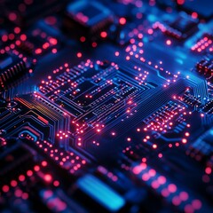 Fototapeta premium A futuristic digital circuit board with glowing lines and microchips, representing technological advancement and innovation. Perfect for tech-related content, cybersecurity, and AI themes.