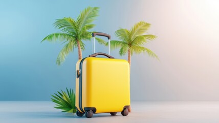 Fototapeta premium Space Tourism Service. Bright yellow suitcase surrounded by tropical plants, evoking travel and adventure.