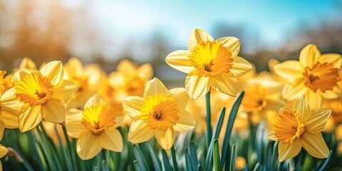 Obraz premium Sunlit Field of Brilliant Yellow Daffodils in Bloom, Spring Floral Background with Blue Skies