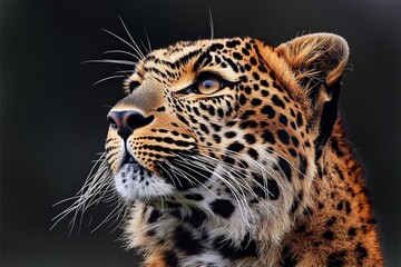 Obraz premium Close-up portrait of a majestic leopard gazing thoughtfully into the distance, surrounded by a blurred natural background