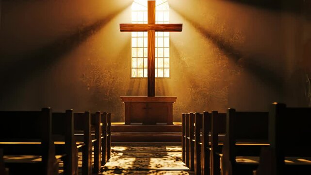 Sunlight streaming through church windows illuminating empty benches and wooden cross