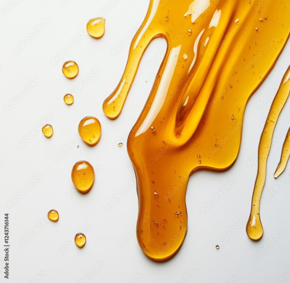 Poster golden honey drips and splashes on a smooth white surface, reflecting light and highlighting its sti