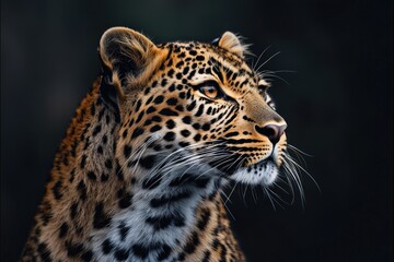 Fototapeta premium A close-up portrait of a majestic leopard gazing thoughtfully into the distance, surrounded by a blurred natural background