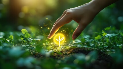 Fototapeta premium Inspiring Sustainable Future - Person Pointing at Glowing Sustainability Target for Renewable Energy and Eco-friendly Goals