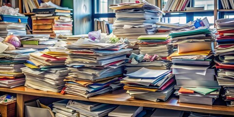Chaotic Office Workspace Filled with Unorganized Stacks of Papers