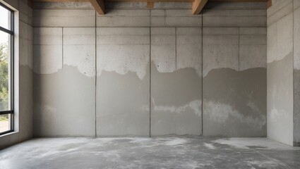 Modern interior with unfinished concrete wall featuring plaster texture and wooden beams in a bright spacious environment.