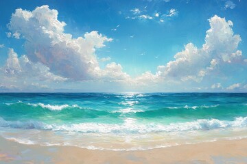 Abstract Beach Landscape Serene Scene with Soft Brush Strokes and Pastel Colors of Sunlight Reflection on Calm Water