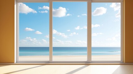 Space Tourism Service. Bright room with large windows overlooking a serene beach and blue sky.