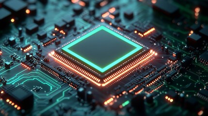 Fototapeta premium A futuristic digital circuit board with glowing lines and microchips, representing technological advancement and innovation. Perfect for tech-related content, cybersecurity, and AI themes.