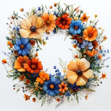 recommend clip art: Floral Wreath Watercolor Illustration with Yellow Pink Blue White Wildflowers on White Background