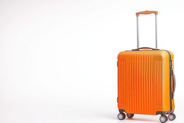 Space Tourism Service. Bright orange suitcase with wheels and a retractable handle on a plain background.
